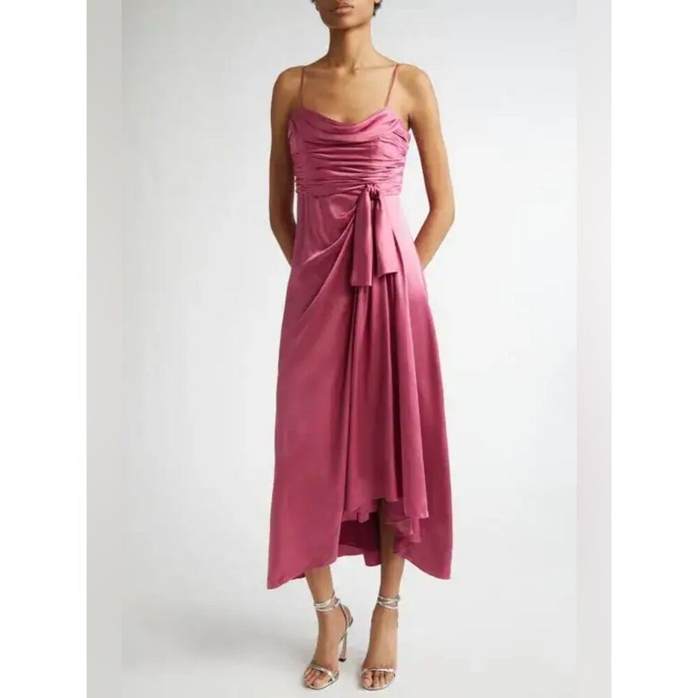 Cinq A Sept Size 2 Pink Purple 100% Silk pleated Drape Midi Dress